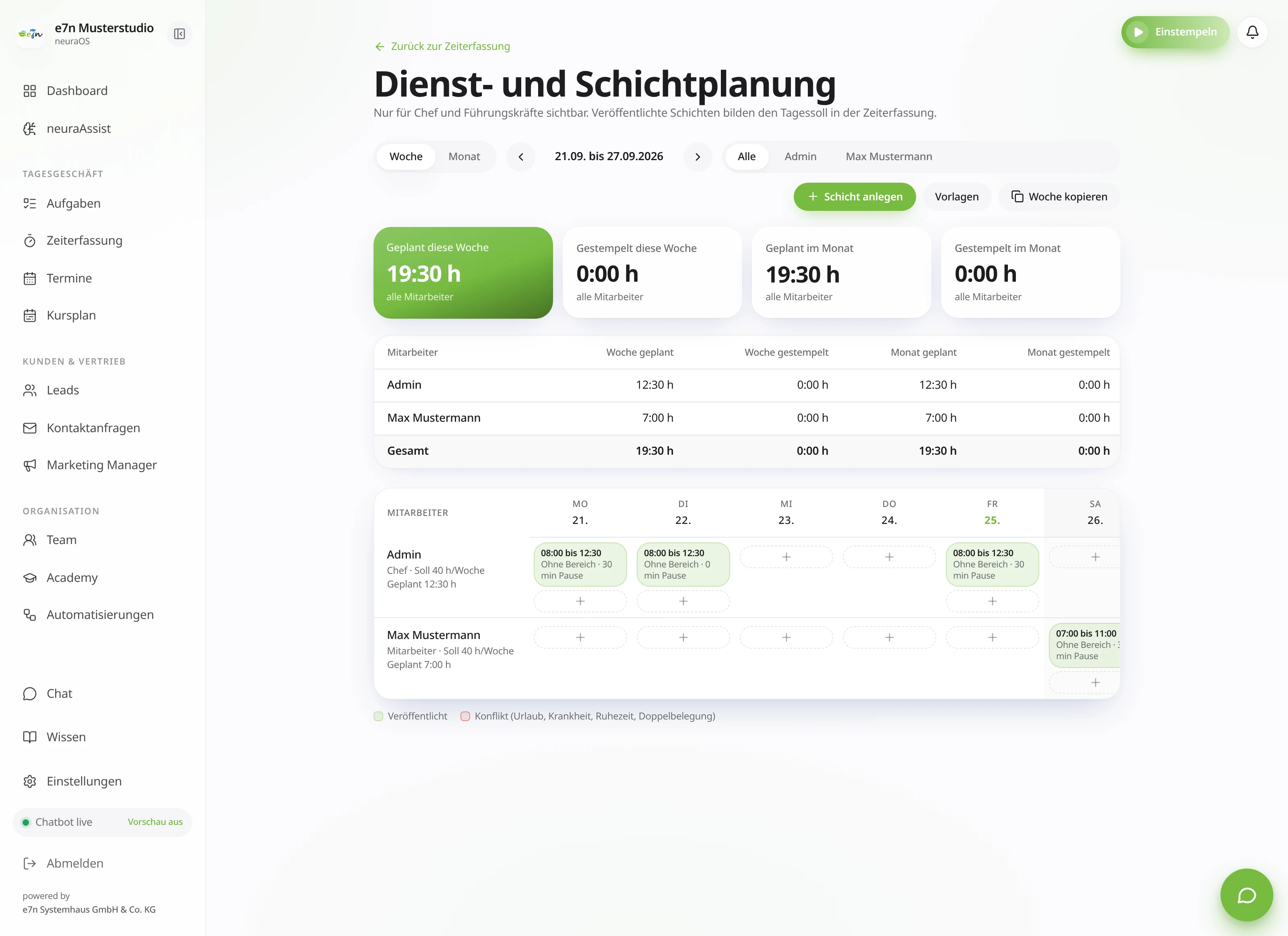 neuraOS Dienst und Schichtplanung mit Wochenansicht
